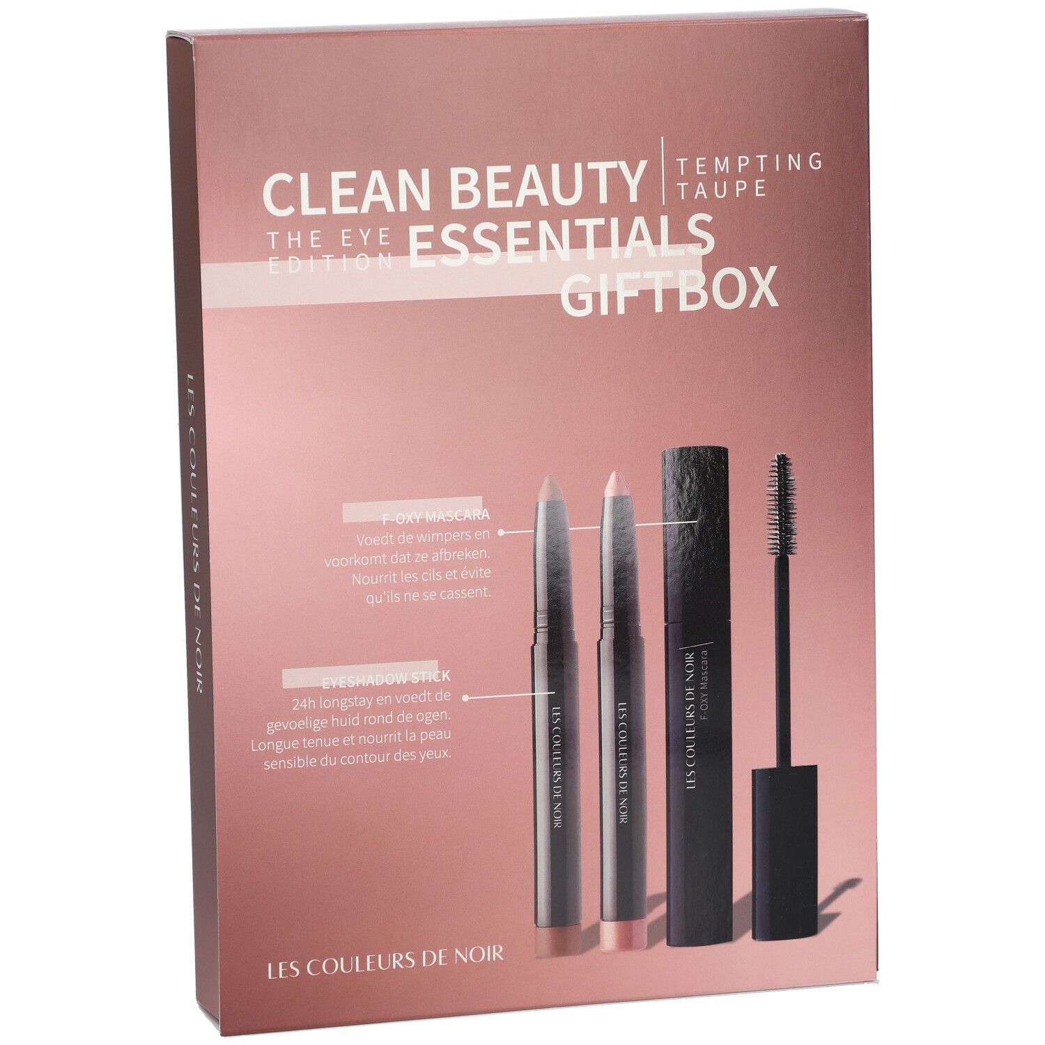 Geschenkdoos met cosmetica. Bevat mascara, oogpotlood en lippenstift. Opschrift: LES COULEURS DE NOIR Essentials Giftbox.