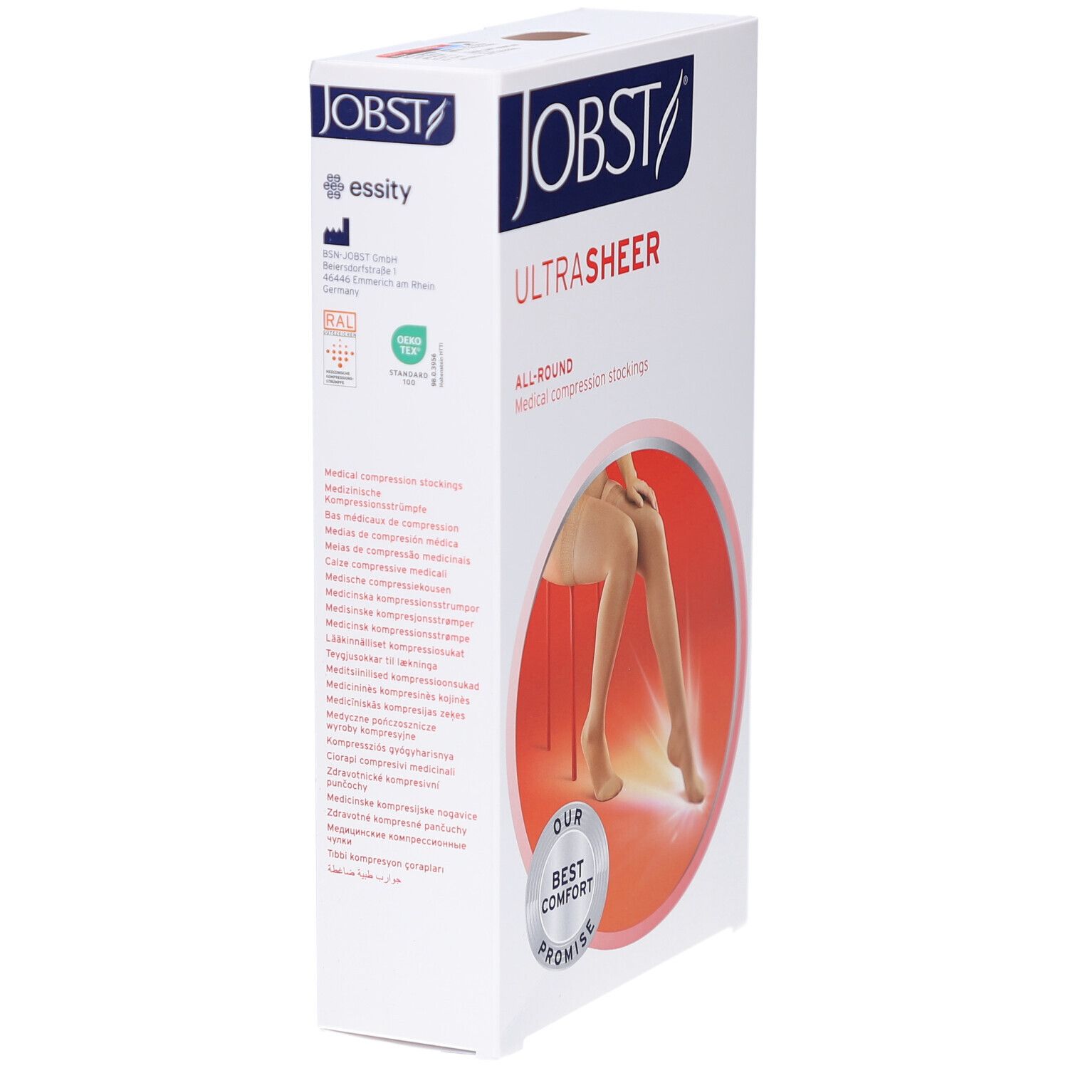 Emballage de JOBST UltraSheer. Inscription : JOBST, UltraSheer, bas de compression médicaux. Logos et certifications.