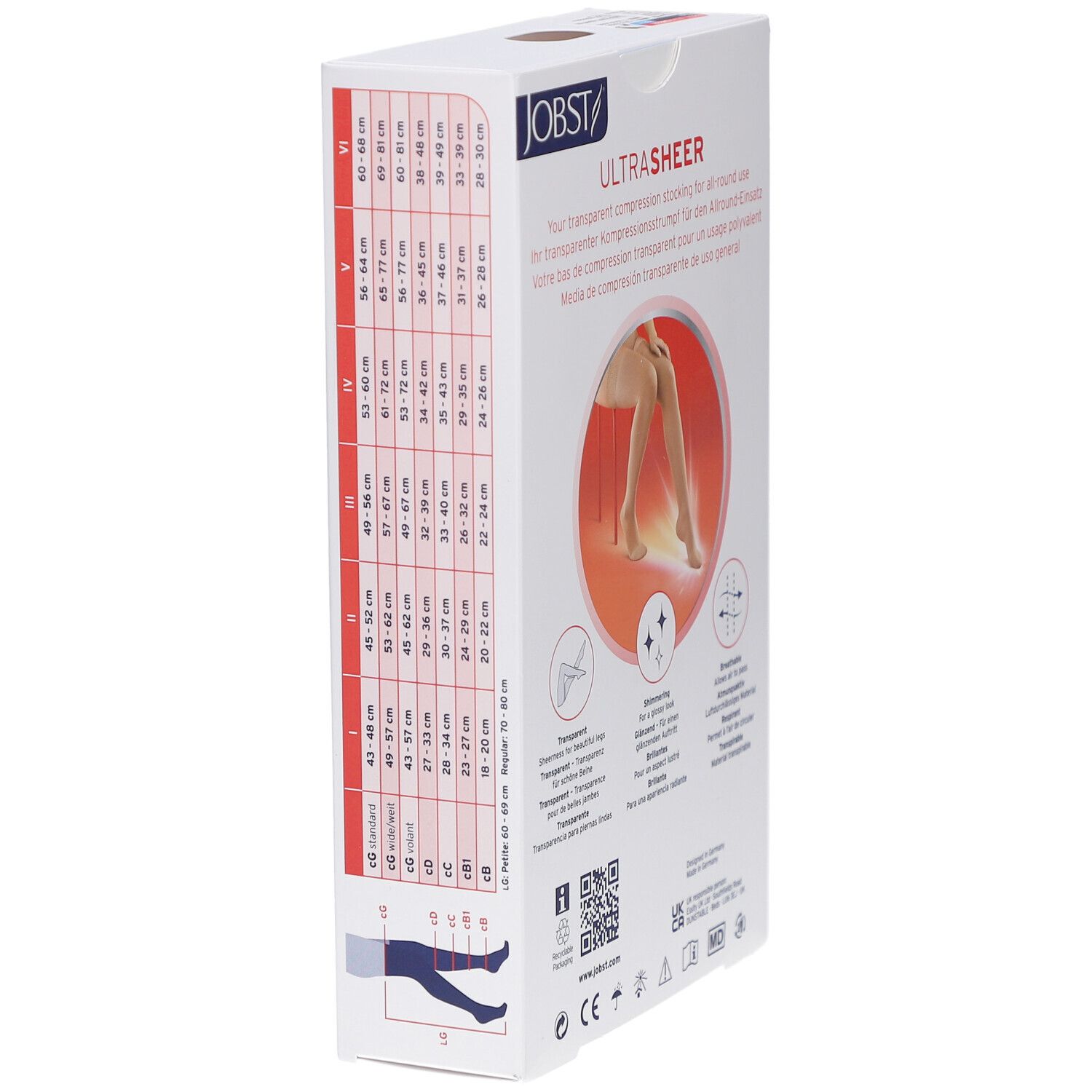 Côté de l'emballage JOBST UltraSheer. Inscription : JOBST, UltraSheer. Tableau des tailles et caractéristiques du produit. Logos et certifications.