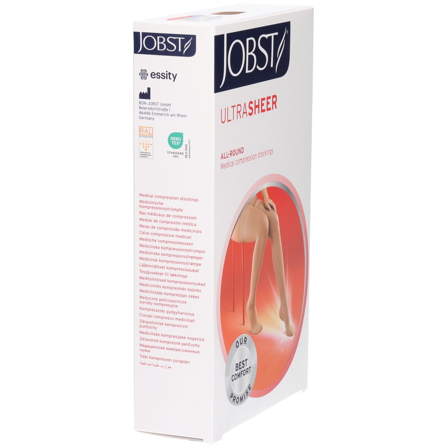 Verpakking van JOBST UltraSheer compressiekousen. Opschrift: JOBST, UltraSheer, All-Round, medische compressiekousen. Logo: essity.