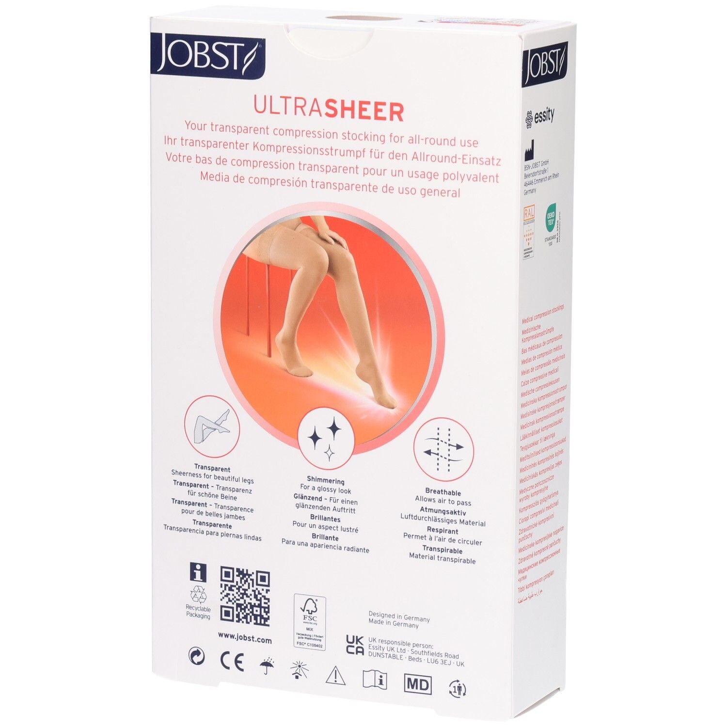 Achterkant van de verpakking van JOBST UltraSheer compressiekousen. Tekst: transparant, ademend, glanzend. Logo's en QR-code.