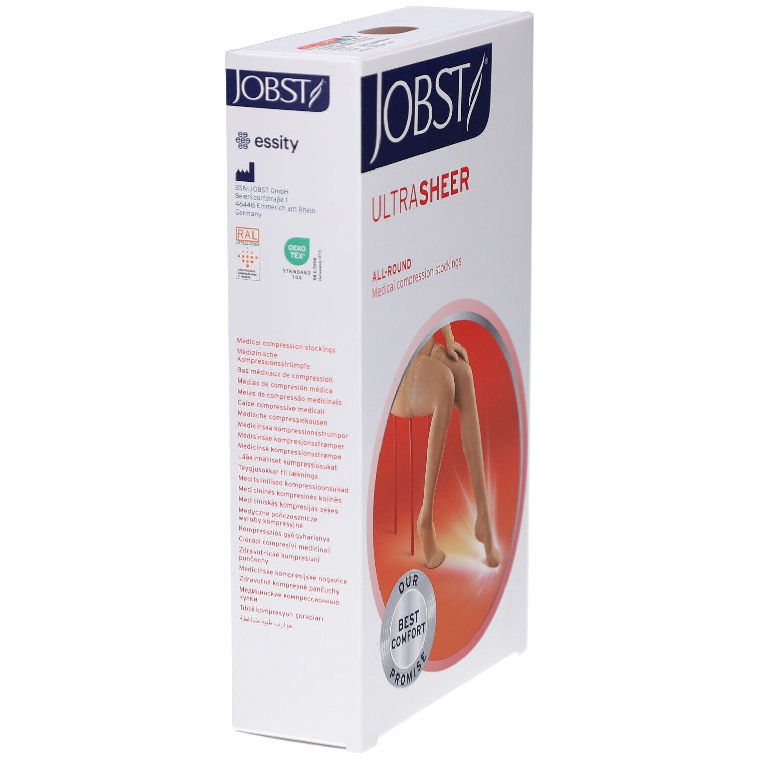 Emballage JOBST UltraSheer. Bas de compression médicaux. Vue latérale avec texte et logo. Logo Essity et autres informations.
