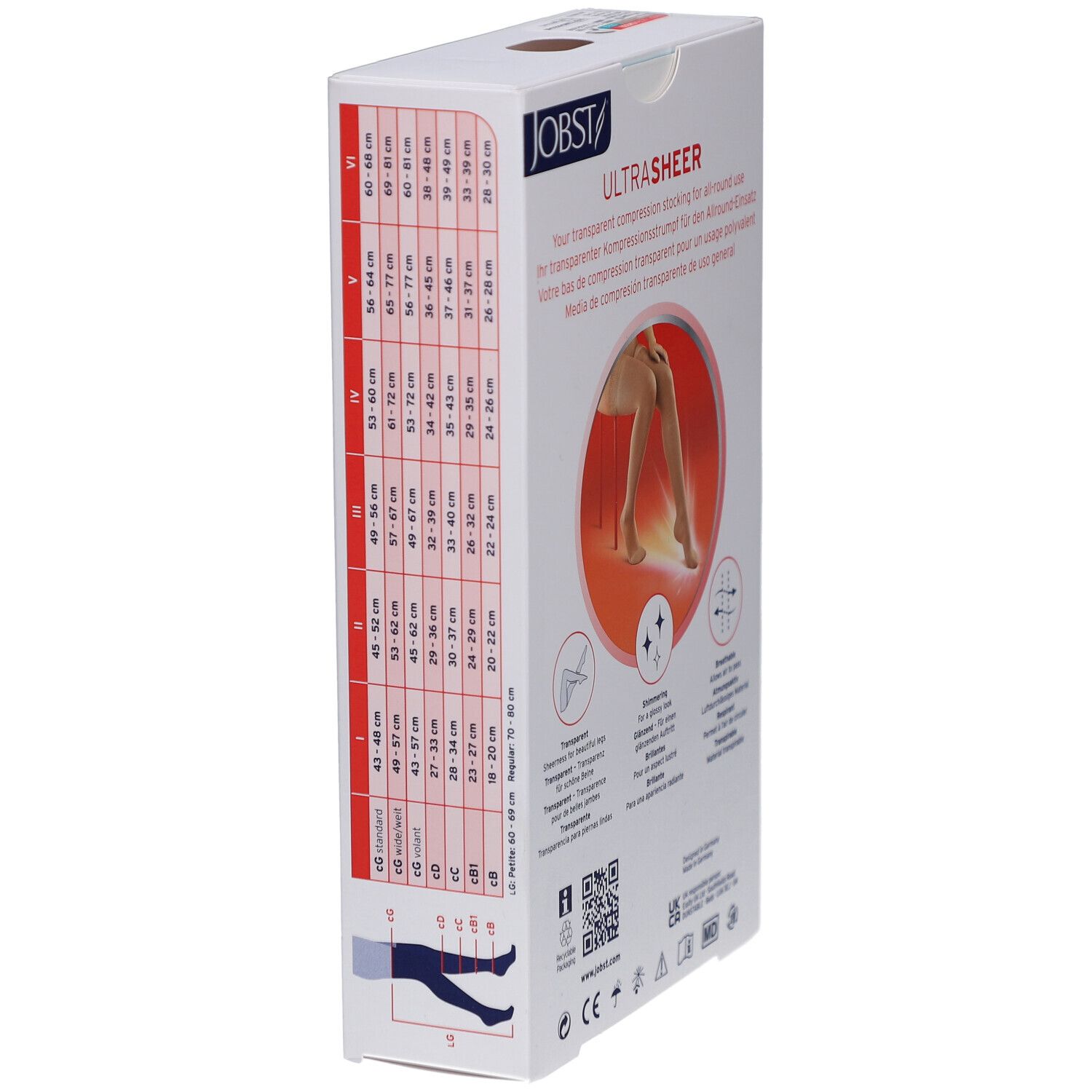 Côté de l'emballage JOBST UltraSheer. Tableau des tailles et illustration d'une jambe avec bas. Plus d'informations.