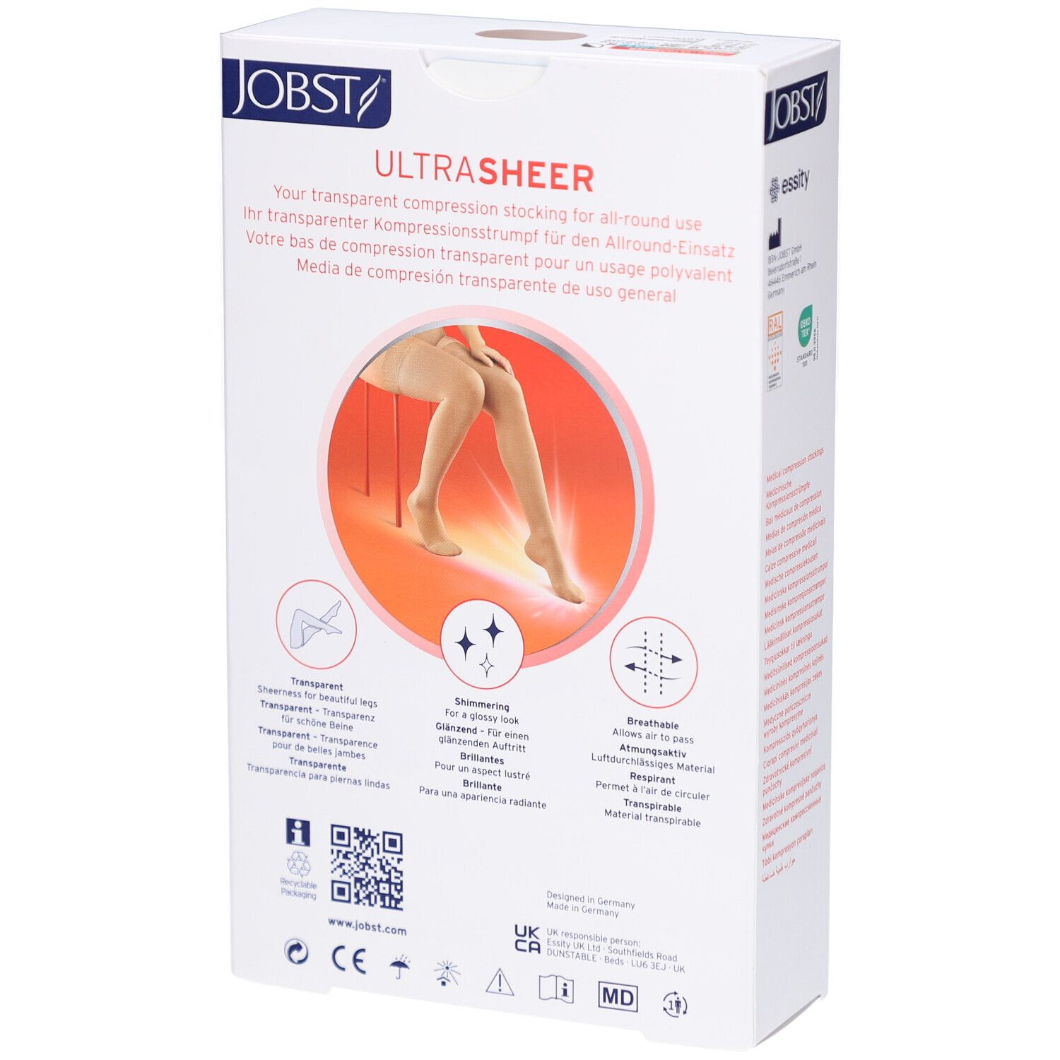 Dos de l'emballage JOBST UltraSheer. Boîte blanche avec image et informations. Inscription : UltraSheer, bas de compression transparents.