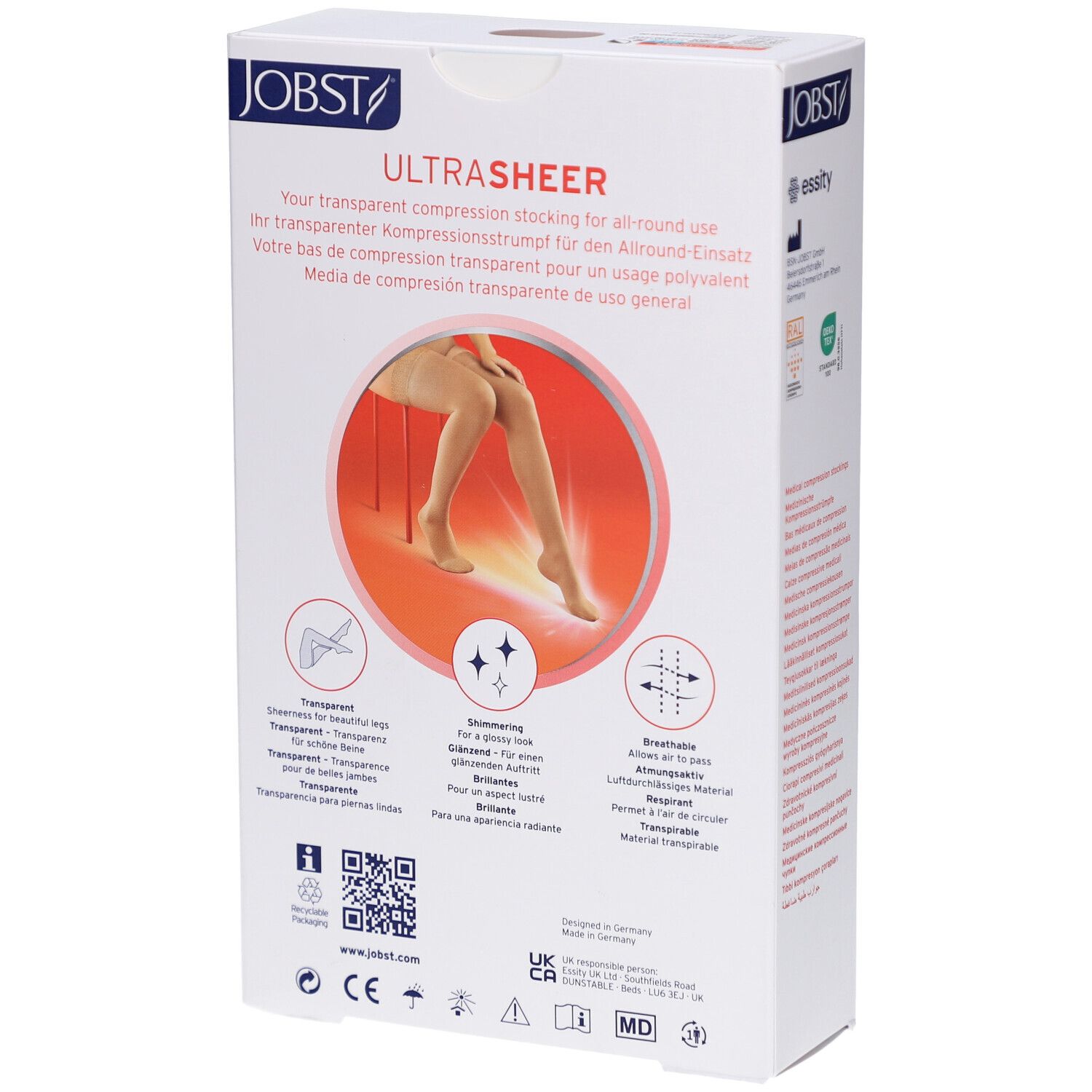 Dos de l'emballage JOBST UltraSheer. Texte: bas de compression transparents. Logos: CE, MD. Illustrations: jambe, étoiles, respirant.