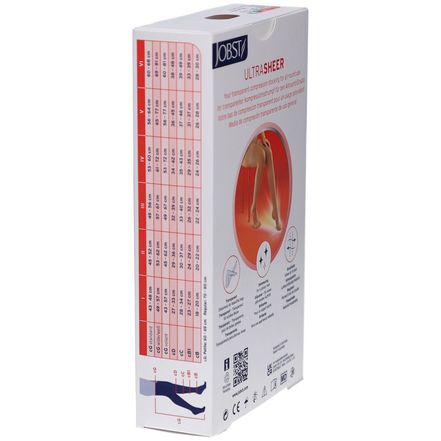 Côté de l'emballage JOBST UltraSheer. Texte: tableau des tailles. Illustrations: jambe. Logos: CE, MD.