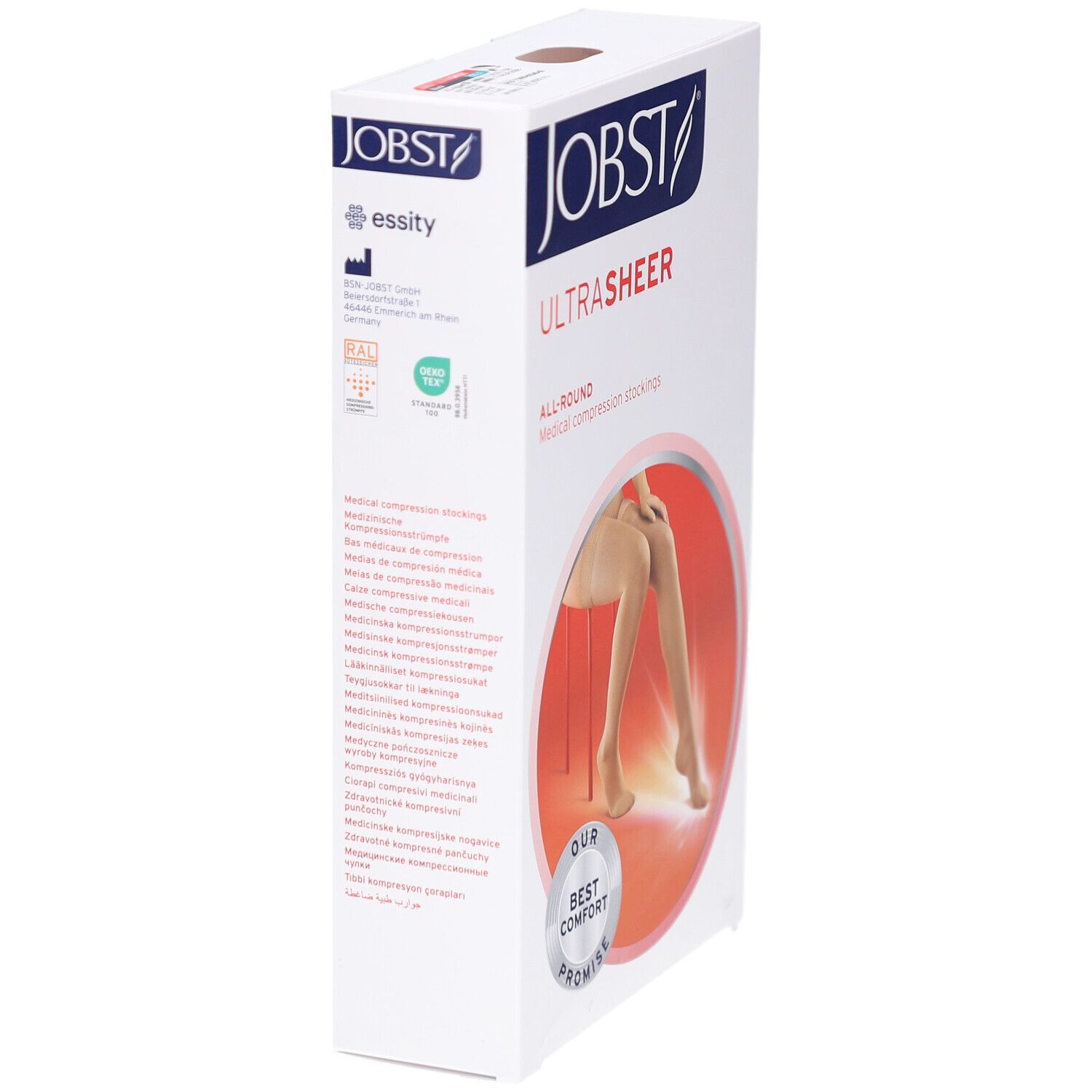 Verpakking JOBST UltraSheer compressiekousen. Witte doos met productafbeelding en logo. Opschrift: ALL-ROUND Medical compression stockings.