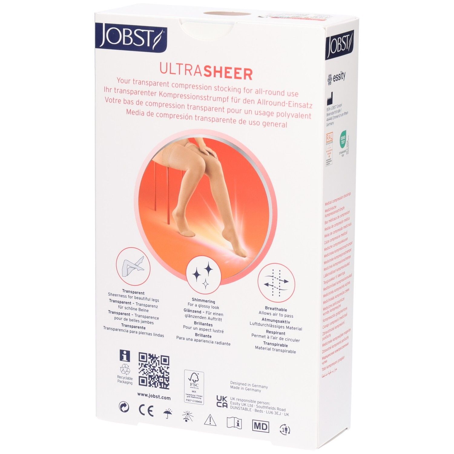 Dos de la boîte JOBST UltraSheer. Texte sur les bas de compression transparents. Graphiques et certifications.