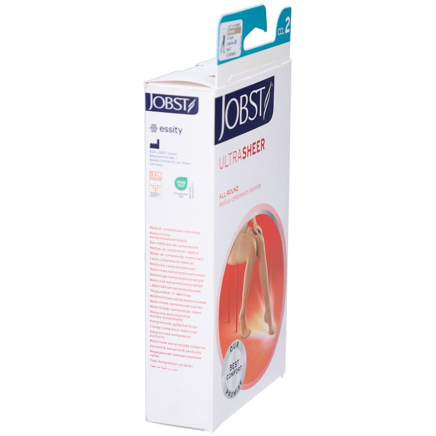 Vue latérale de l'emballage des bas de compression JOBST UltraSheer. Boîte blanche avec texte et logo.