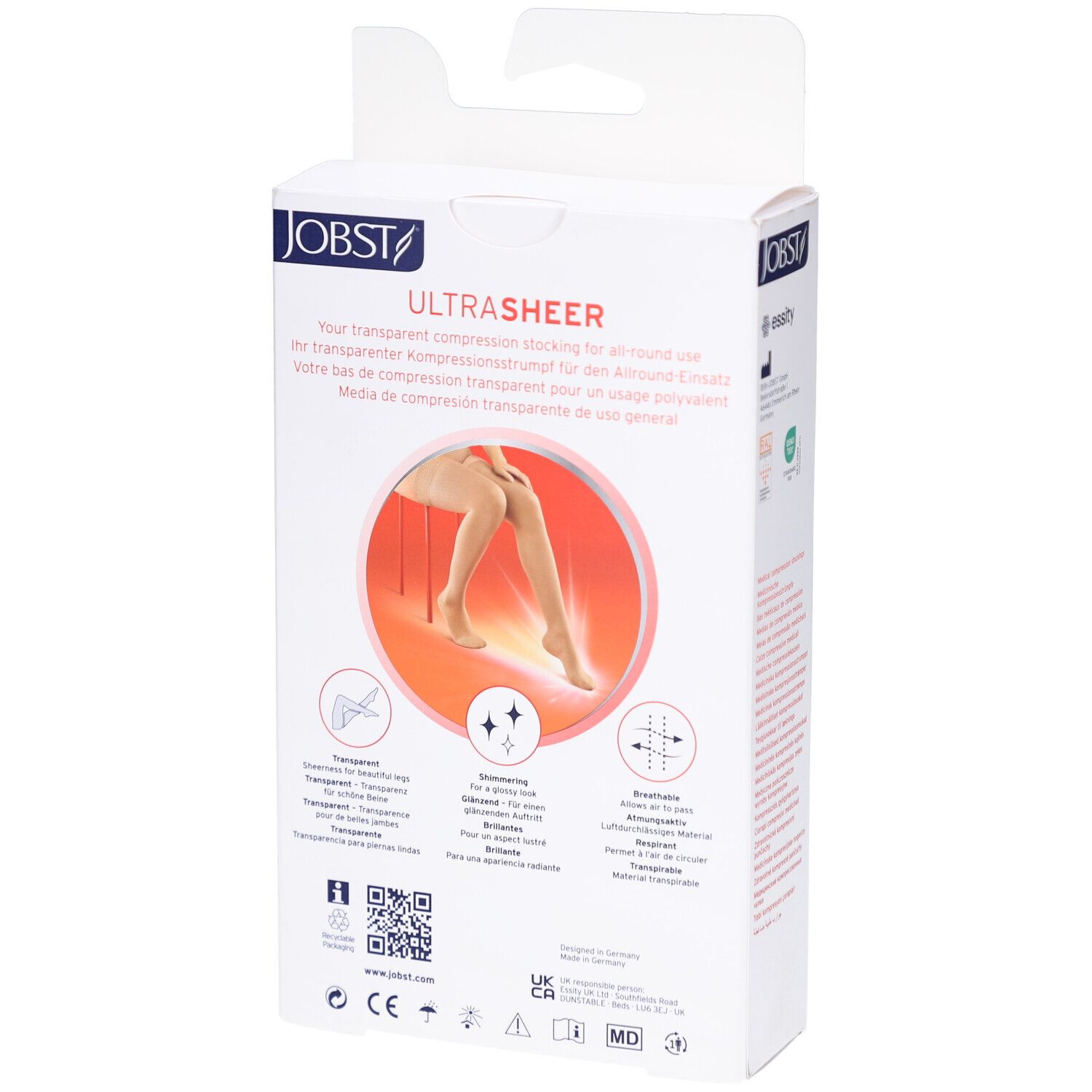 Dos de l'emballage des bas de compression JOBST UltraSheer. Contient des informations sur le produit et des logos.