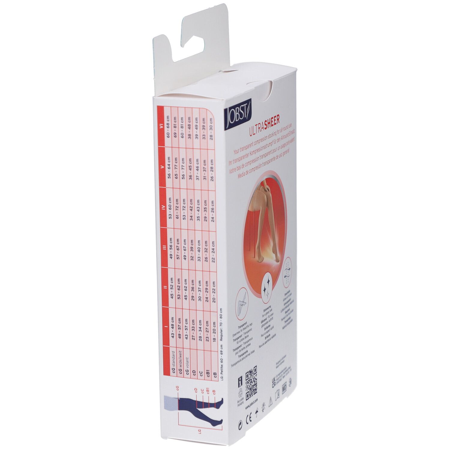 Vue latérale de l'emballage des bas de compression JOBST UltraSheer. Tableau des tailles et informations sur le produit.