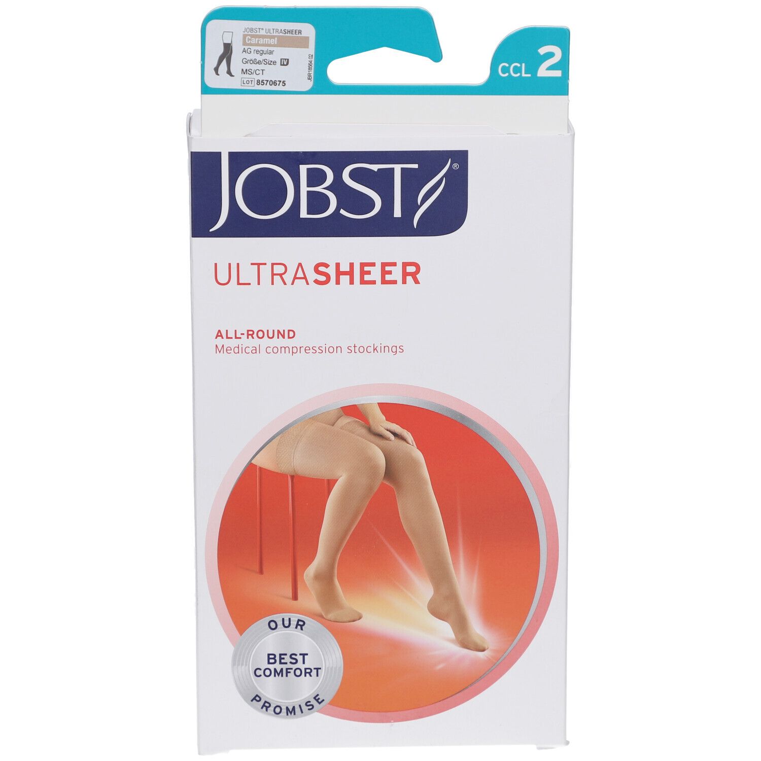 Emballage de bas de compression JOBST UltraSheer. Boîte blanche avec image du produit et logo. CCL 2.