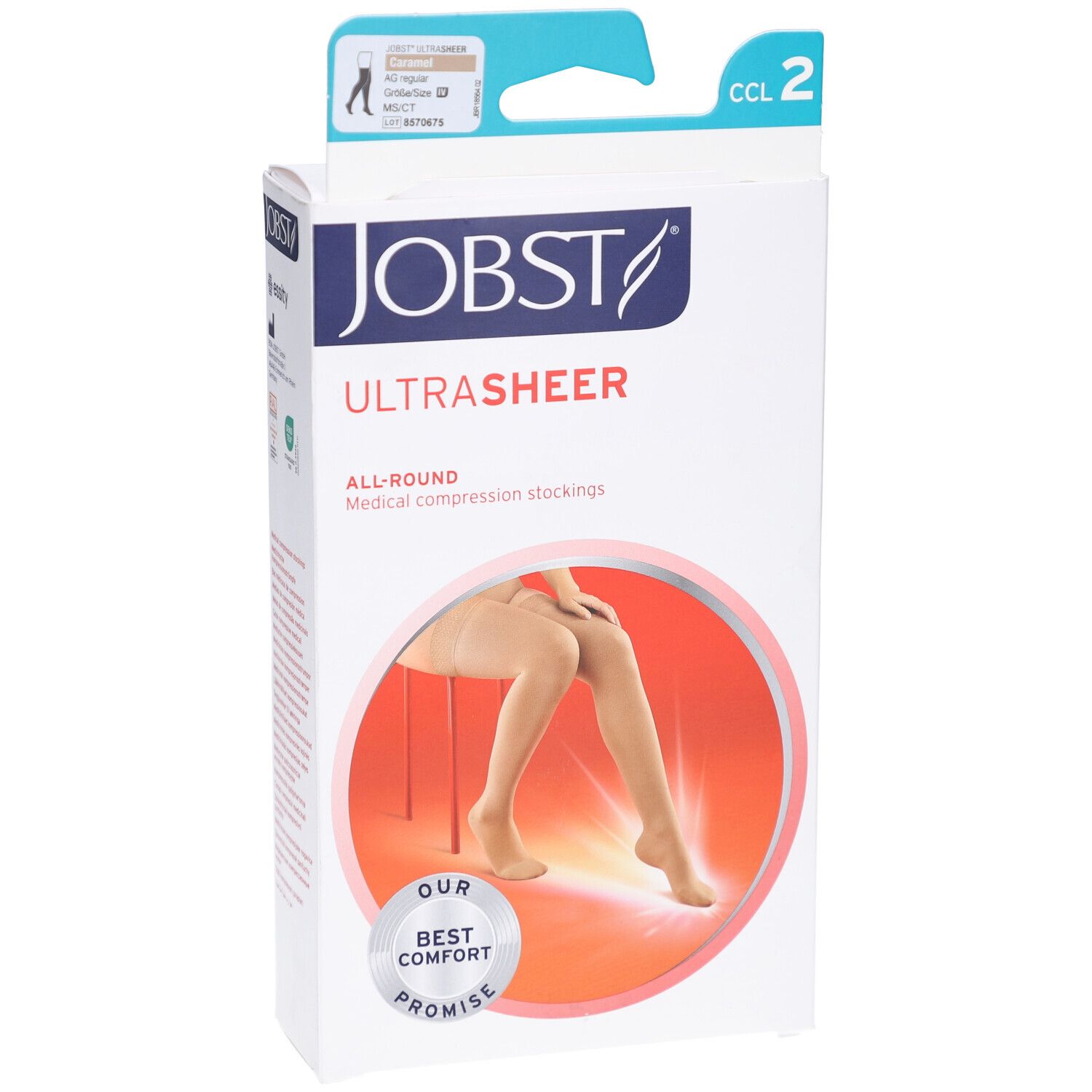 Emballage de bas de compression JOBST UltraSheer. Boîte blanche avec image du produit et logo. CCL 2.
