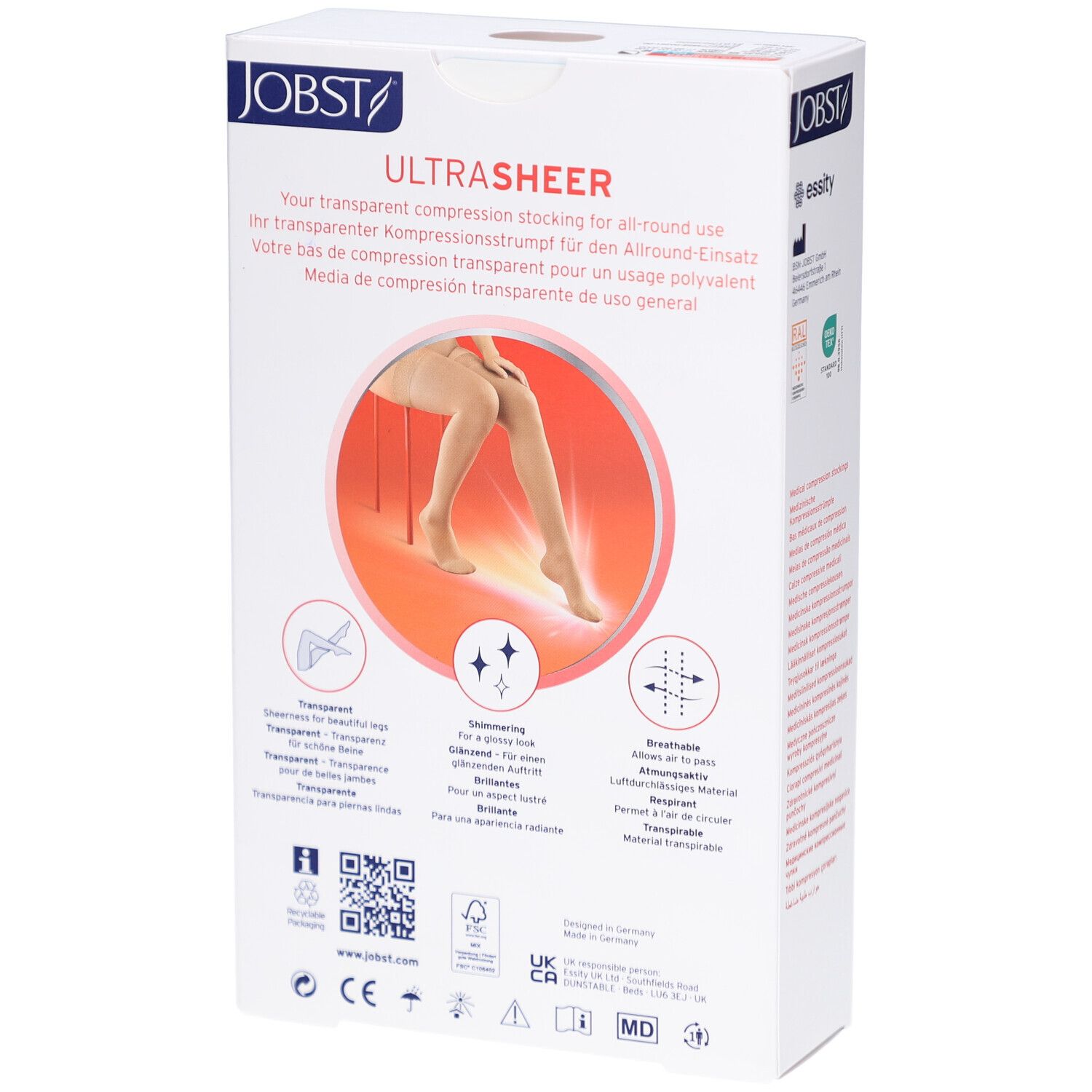 Dos de la boîte JOBST UltraSheer. Texte: bas de compression transparent pour usage général. Logos: CE, MD, FSC, code QR.