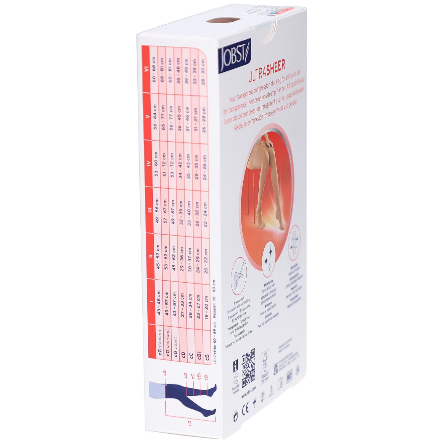 Boîte JOBST UltraSheer. Côté avec tableau des tailles. Illustration: jambe avec bas. Logos: CE, MD.