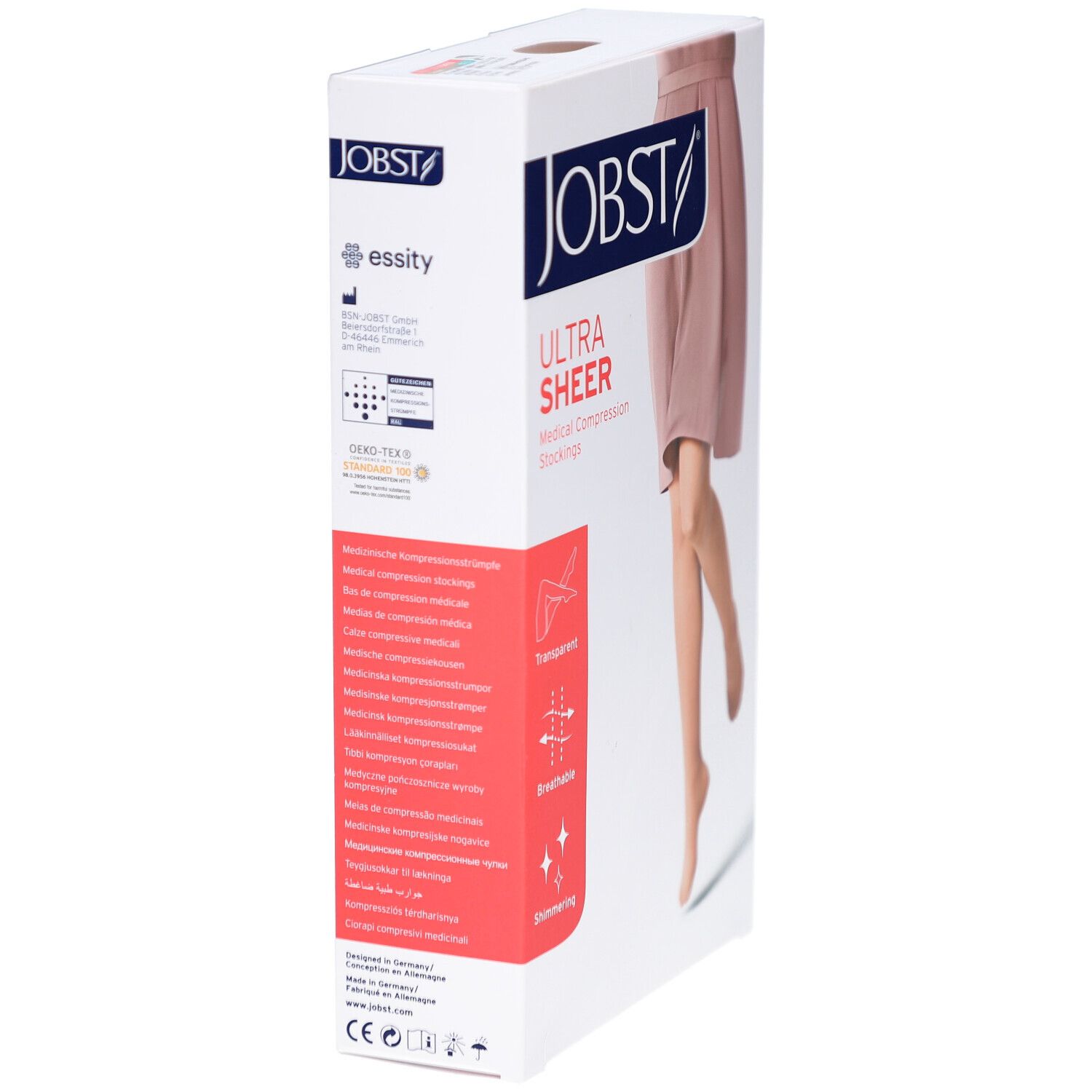 Emballage JOBST UltraSheer bas cuisse de compression. Vue latérale. Texte: Transparent, respirant, scintillant. Informations supplémentaires.