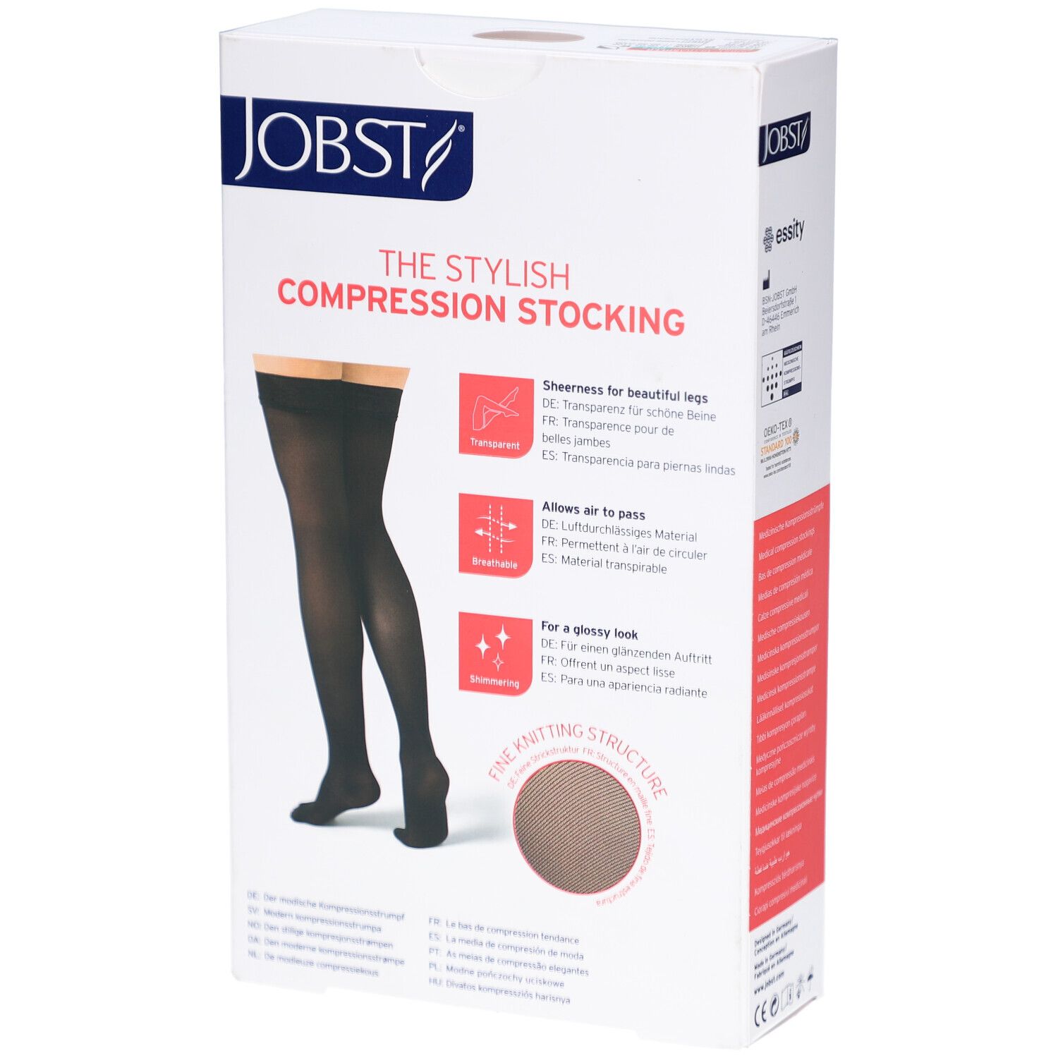 Emballage JOBST bas de compression. Bas noirs représentés. Texte: Transparent, respirant, scintillant. Détail rond.