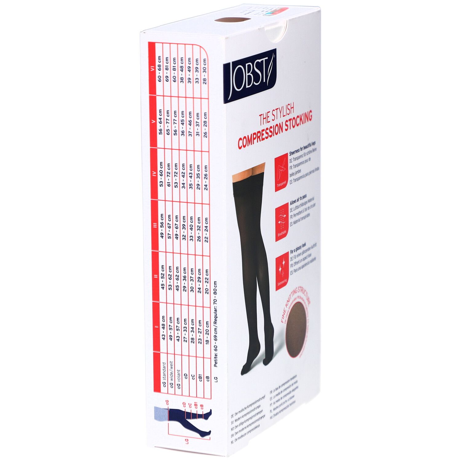 Emballage JOBST bas de compression. Bas noirs représentés. Tableau des tailles. Texte: The Stylish Compression Stocking.
