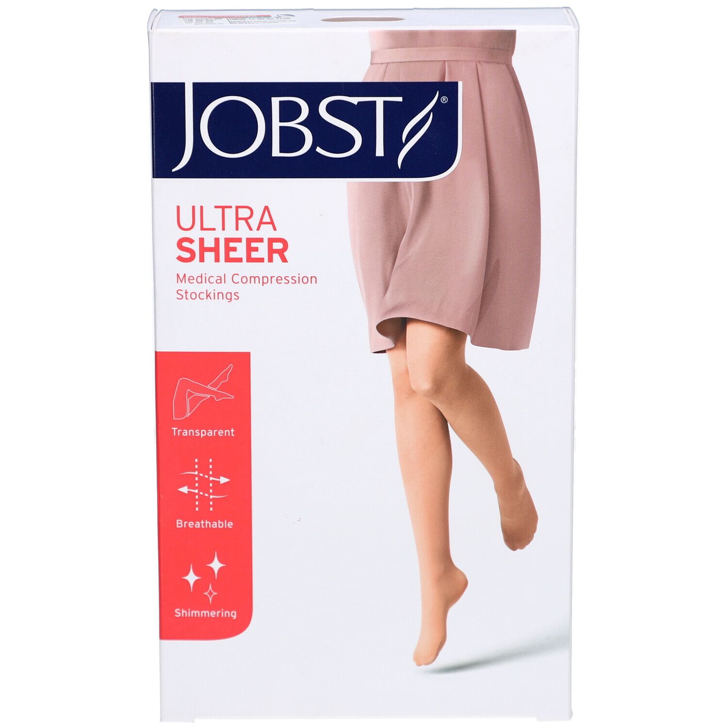 Emballage JOBST UltraSheer bas cuisse de compression. Image d'une femme portant des bas. Transparent, respirant, scintillant.