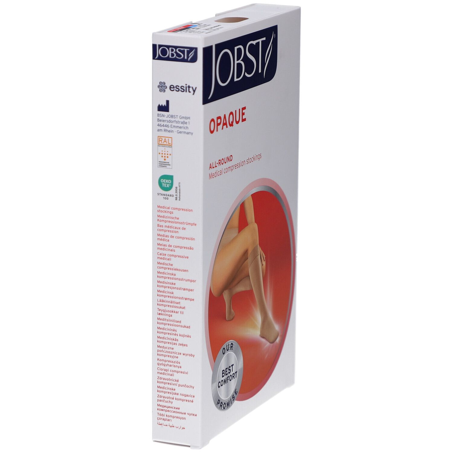 Verpakking JOBST Opaque compressiekousen. Beige kousen, afbeelding van een vrouw. Opschriften: Opaque, All-Round, Best Comfort. Logo's.