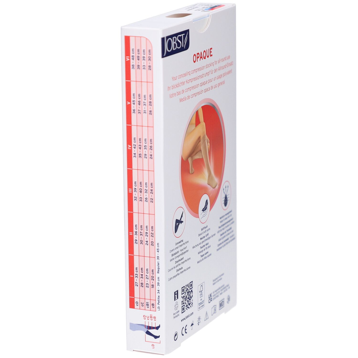Verpakking JOBST Opaque compressiekousen. Zijkant met maattabel en productinformatie. Opschrift: Opaque.
