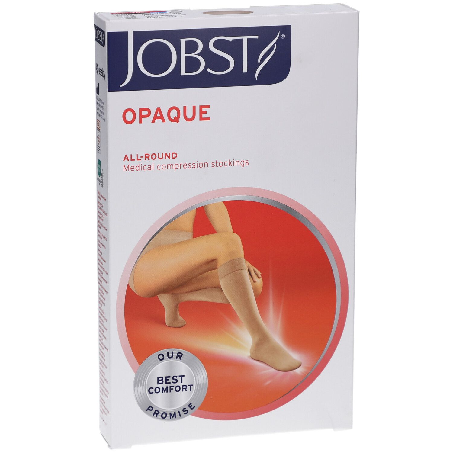 Boîte JOBST Opaque bas de compression. Femme avec bas dans cercle rouge. Texte: Opaque, All-Round, Medical compression stockings.