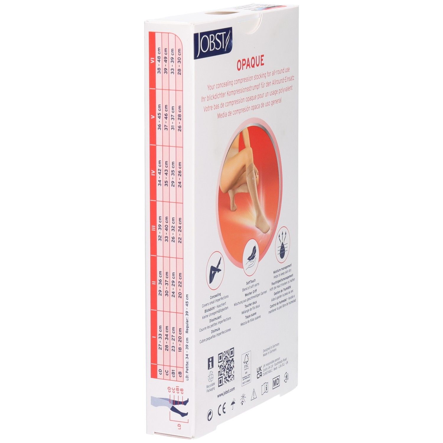 Emballage de bas de compression Jobst Opaque avec tableau des tailles et illustration d'une jambe.
