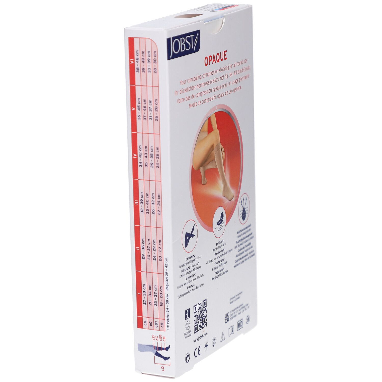 JOBST Opaque bas de compression. Emballage, vue latérale. Tableau des tailles, pictogrammes. Bas beiges, femme avec bas sur la jambe. Inscription: Opaque.