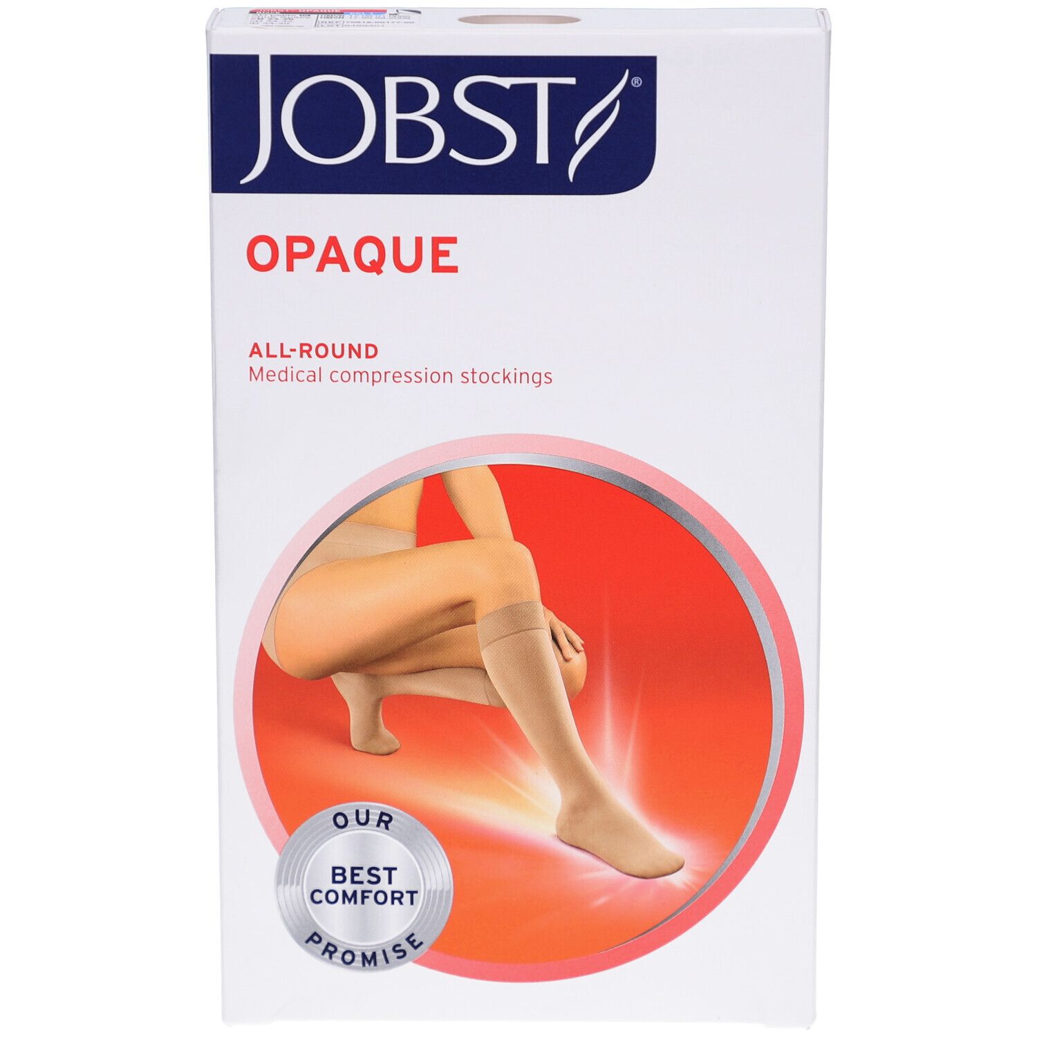 JOBST Opaque bas de compression. Emballage avec illustration du produit. Bas beiges, femme avec bas sur la jambe. Inscription: Opaque, All-Round.