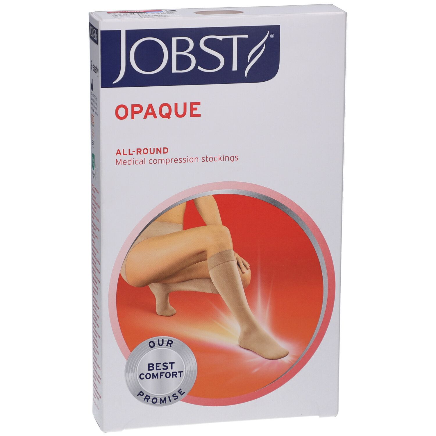 JOBST Opaque bas de compression. Emballage avec illustration du produit. Bas beiges, femme avec bas sur la jambe. Inscription: Opaque, All-Round, Promise.