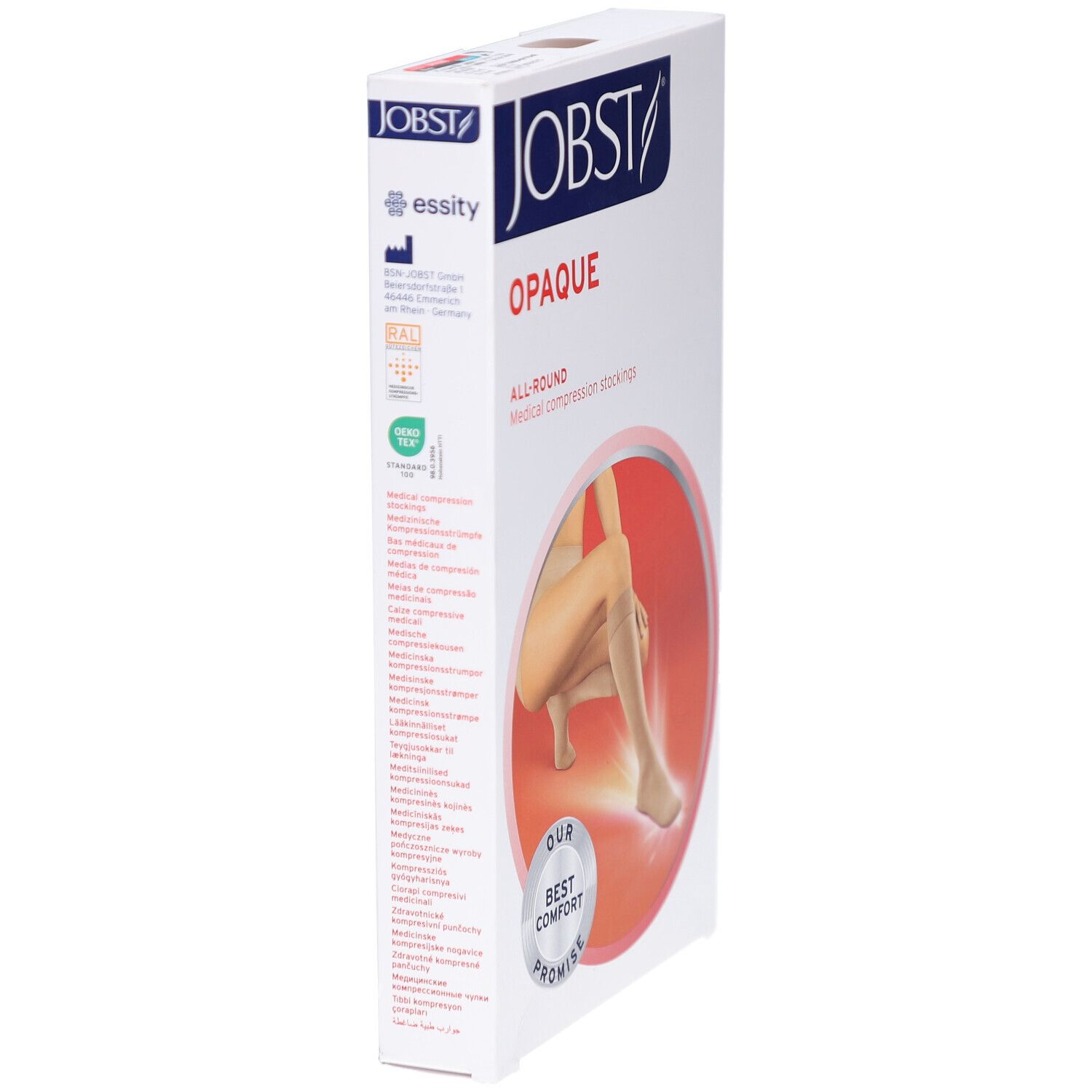 JOBST Opaque verpakking. Witte doos met logo en productafbeelding. Opaque en All-Round zijn zichtbaar. Essity-logo.