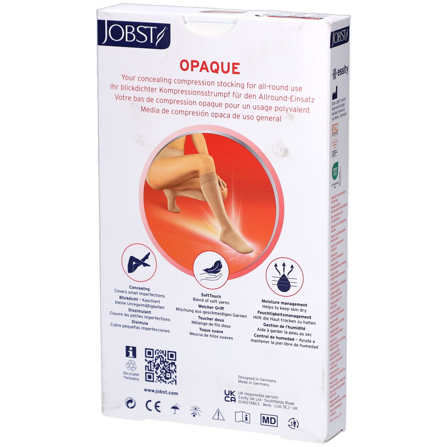 Achterkant van de JOBST Opaque verpakking. Tekst en illustraties. Productnaam en logo's zichtbaar. Informatie over compressie.