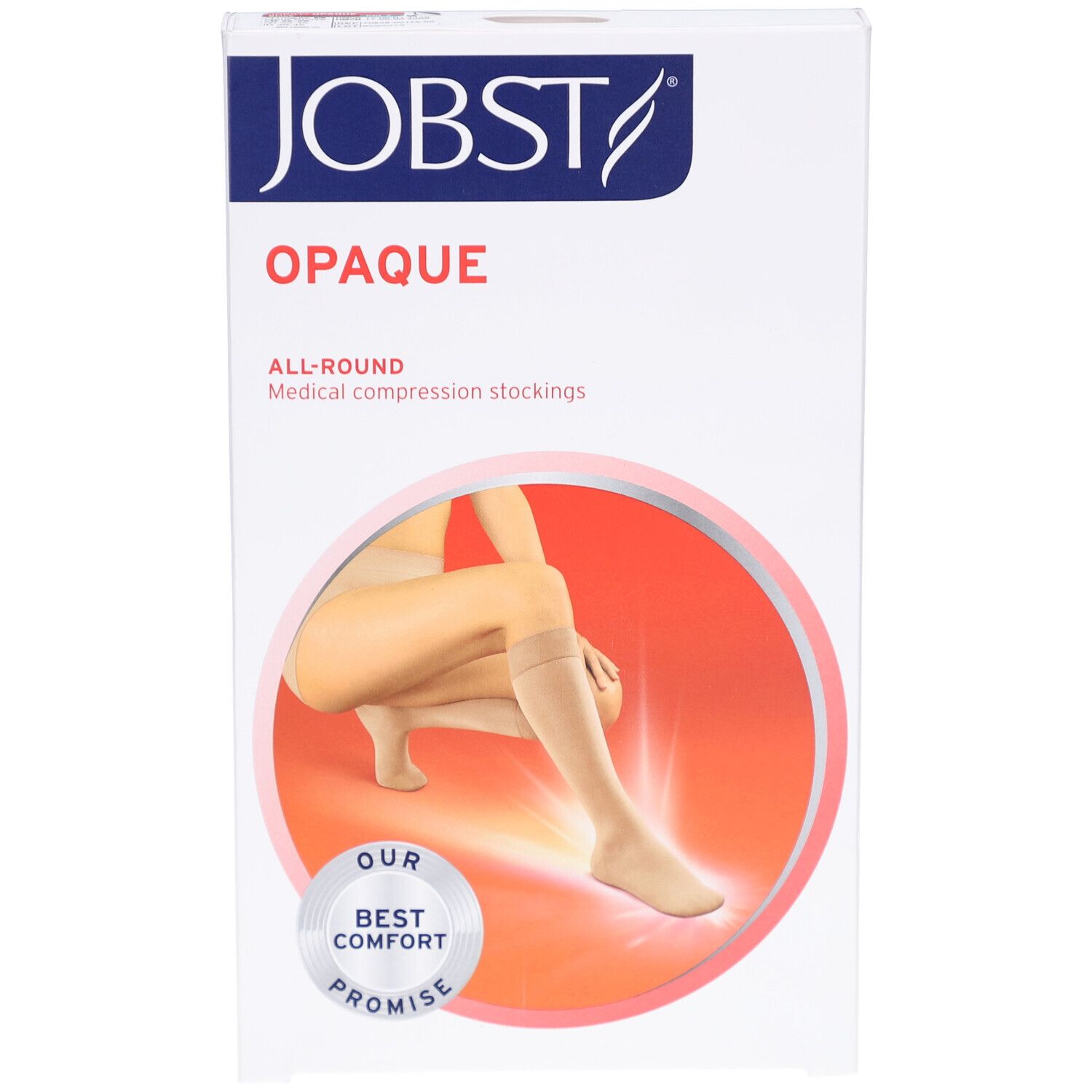 Verpakking van JOBST Opaque. Witte doos met productafbeelding en logo. Opaque en All-Round zijn zichtbaar.