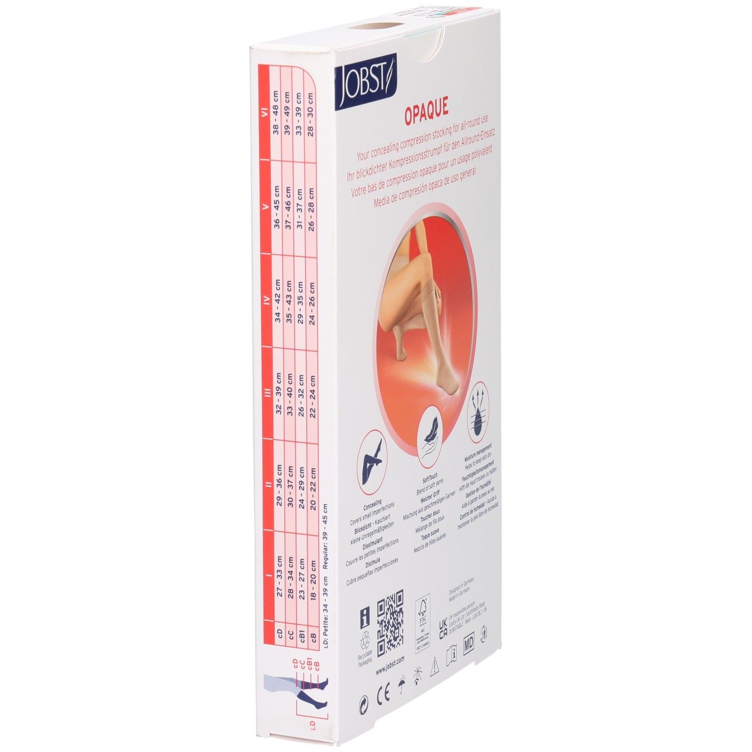 JOBST Opaque compressiekousen, beige, met maattabel en instructies.