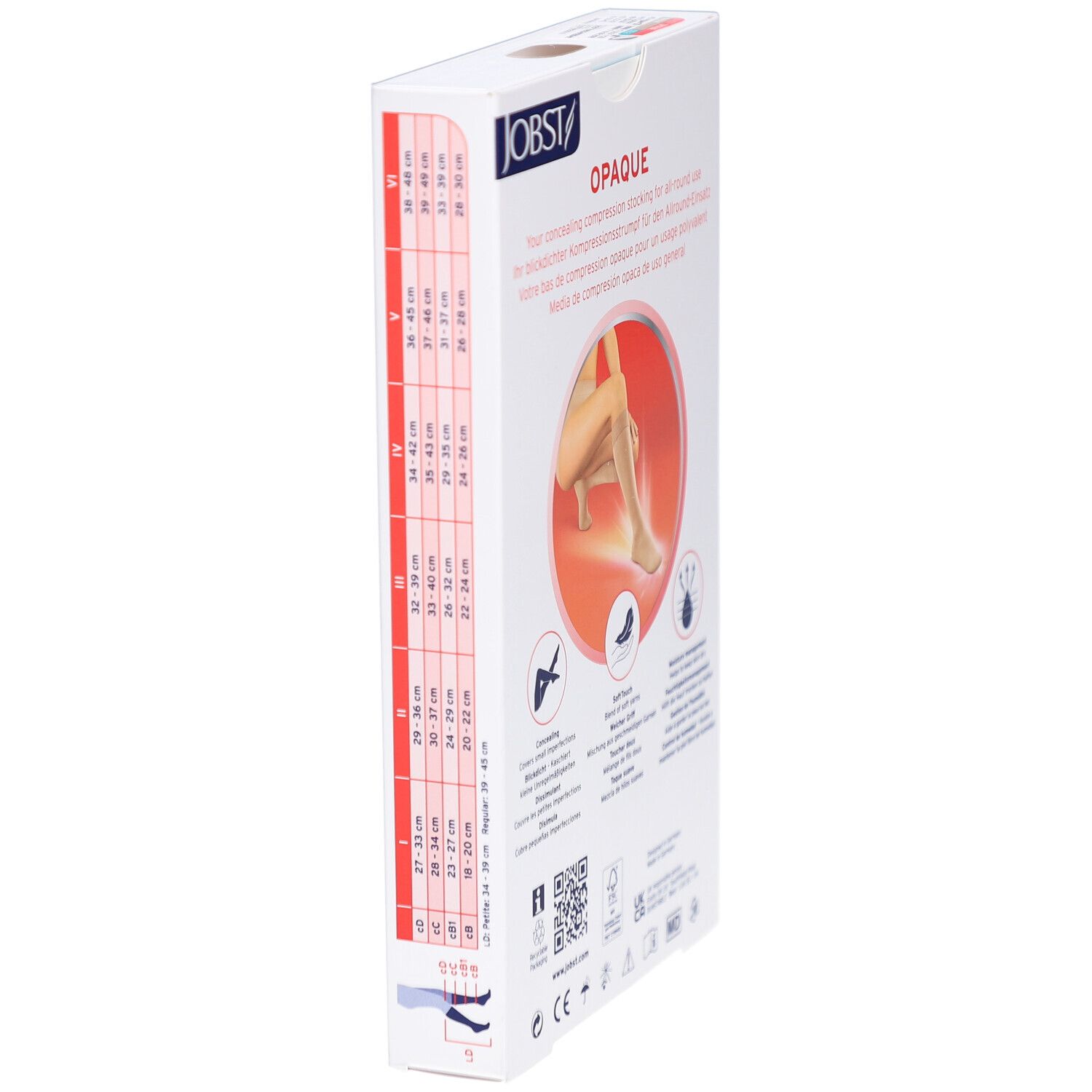Bas de compression JOBST OPAQUE, médical, opaque, couleur Nature. Dos avec caractéristiques produit et tableau des tailles.