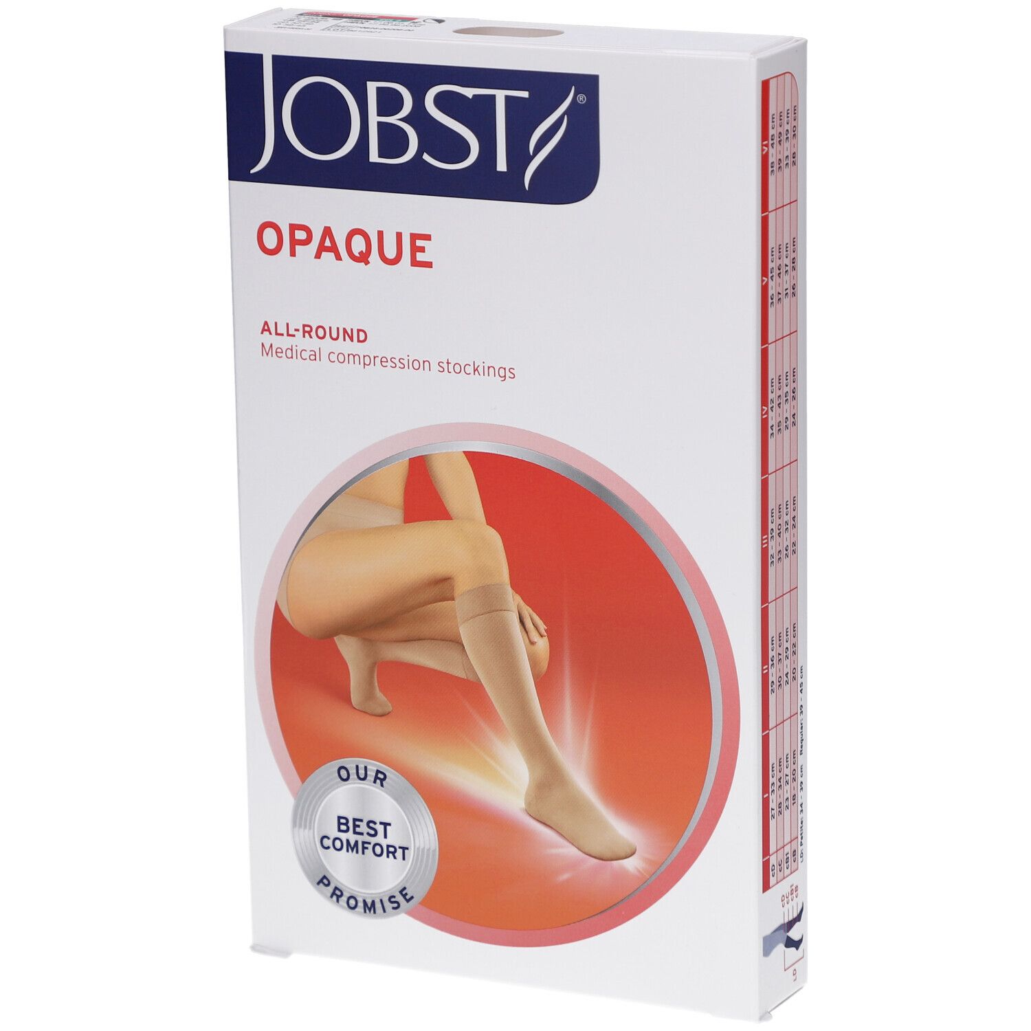 Verpakking JOBST Opaque compressiekousen. Beige kousen afgebeeld. Logo en productnaam zichtbaar.