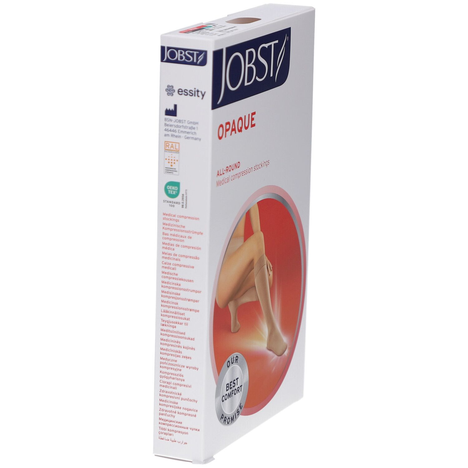 Verpakking JOBST Opaque compressiekousen. Logo, productnaam en illustratie van de kousen. Schuin afgebeeld.