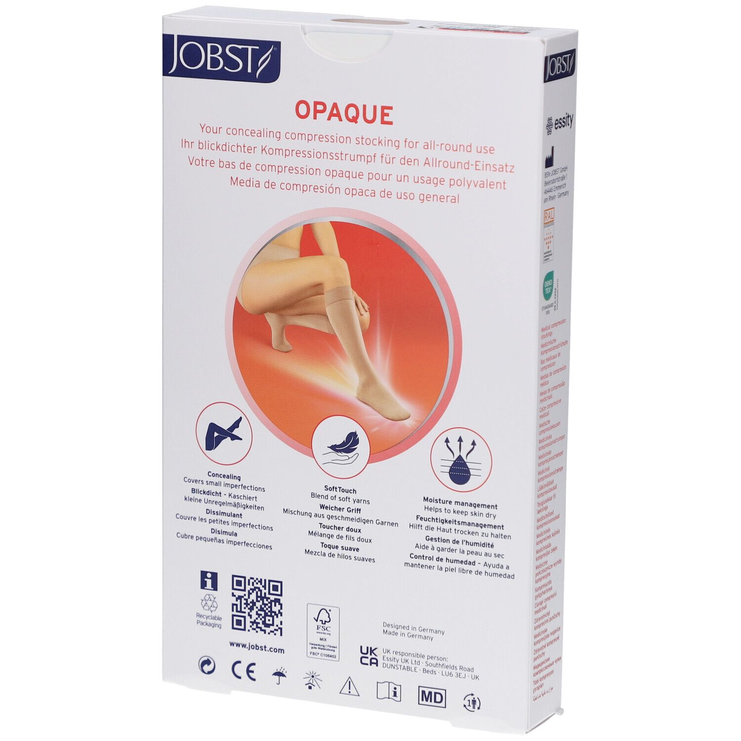 Achterkant van de verpakking JOBST Opaque compressiekousen. Productinformatie, logo's en illustraties.