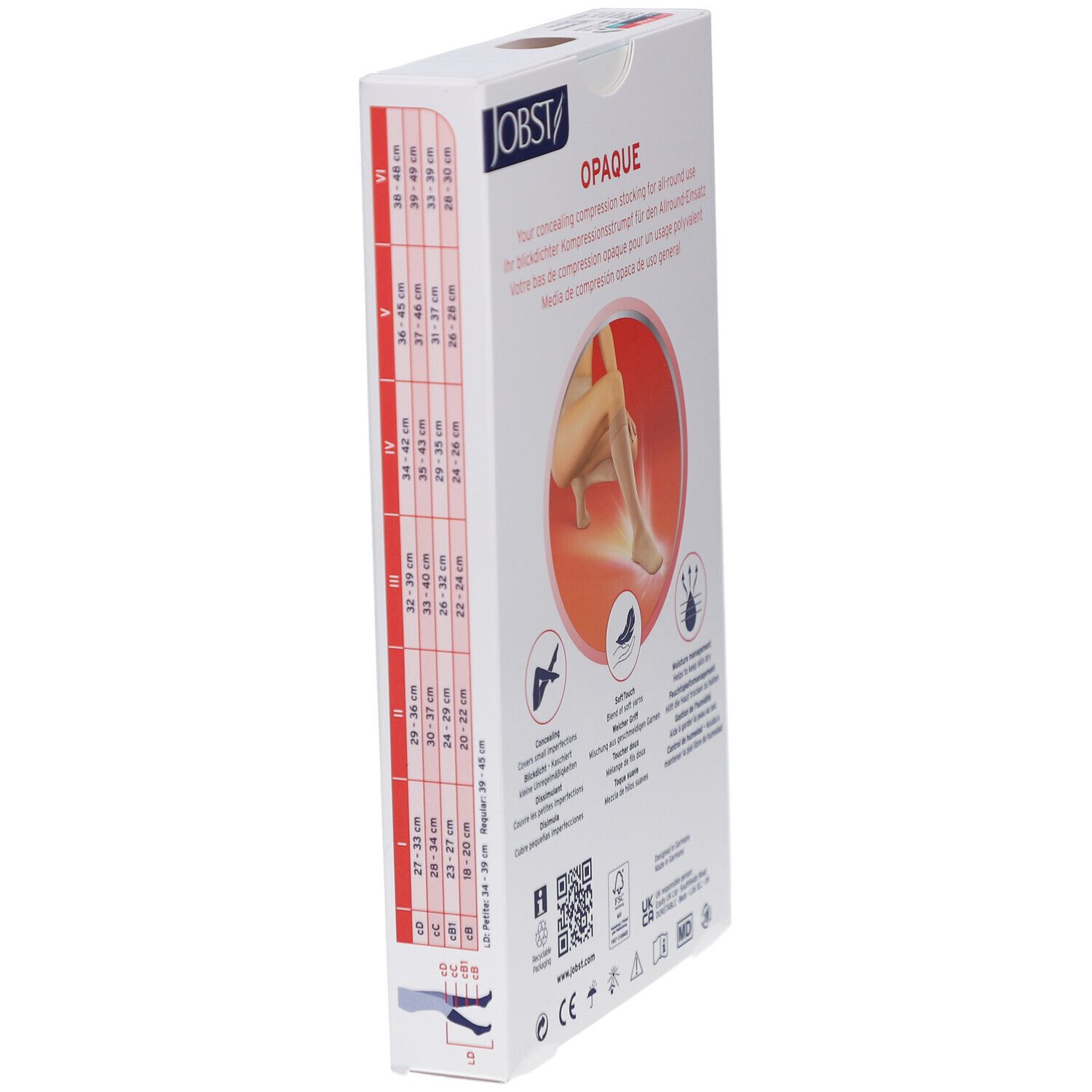 Zijkant van de verpakking JOBST Opaque compressiekousen. Maattabel en productinformatie.
