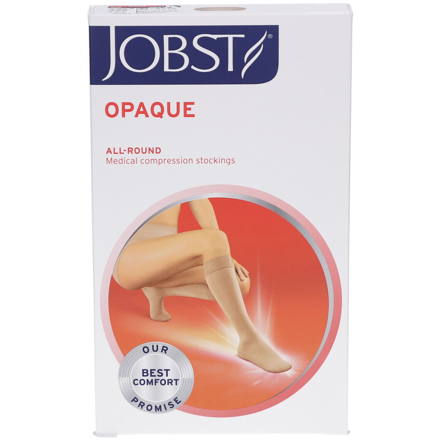 Verpakking JOBST Opaque compressiekousen. Logo, productnaam en illustratie van de kousen. Vooraanzicht.