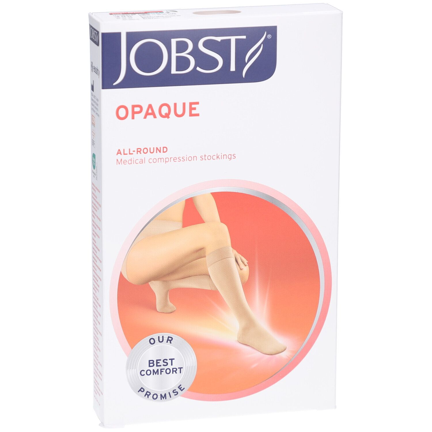 Verpakking JOBST Opaque compressiekousen. Logo, productnaam en illustratie van de kousen. Vooraanzicht.