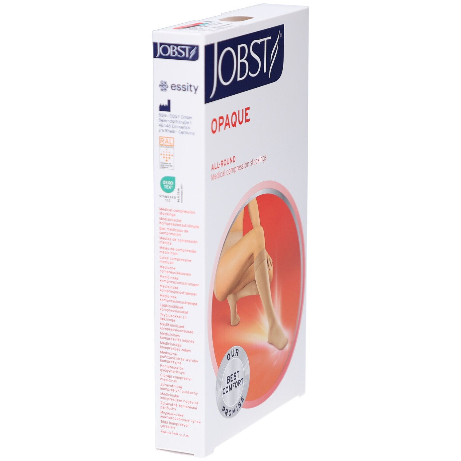 JOBST Opaque, bas de compression. Emballage blanc, vue latérale. Marque, nom du produit et certifications visibles.