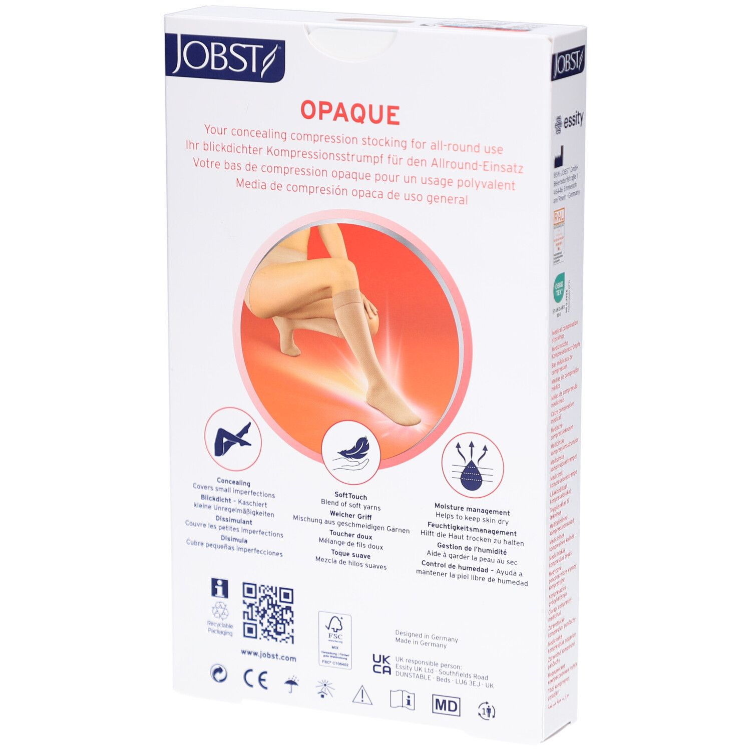 Dos de l'emballage JOBST Opaque. Informations produit, illustrations et certifications. Texte multilingue.