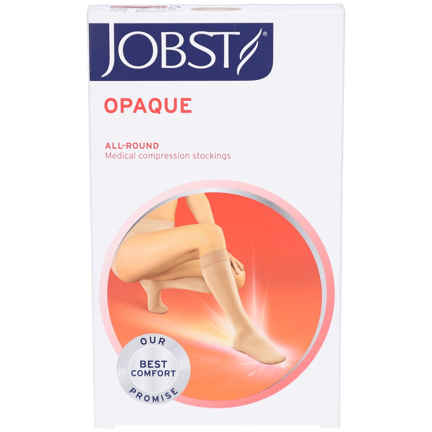 JOBST Opaque, bas de compression. Emballage blanc avec illustration du produit. Marque et nom du produit visibles.
