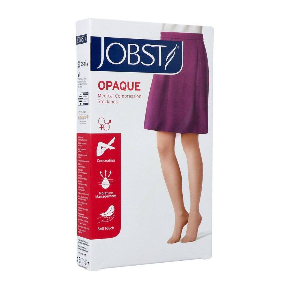 JOBST Opaque compressiekousen, Klasse 2, Petit, Open, Softfit, Caramel, Medium. Doos met productafbeelding.