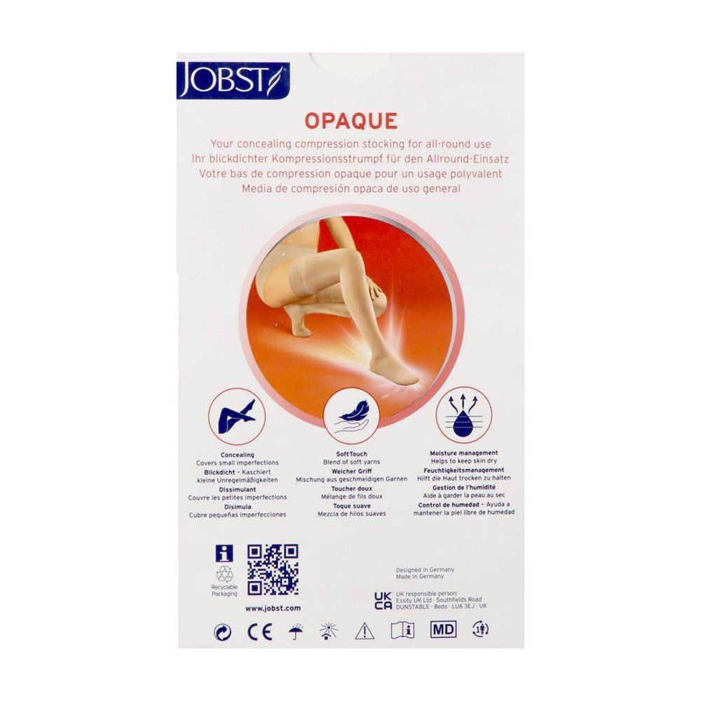 Bas de compression JOBST Opaque : image d'une femme portant les bas, caractéristiques "Concealing", "Soft Touch", "Moisture Management".