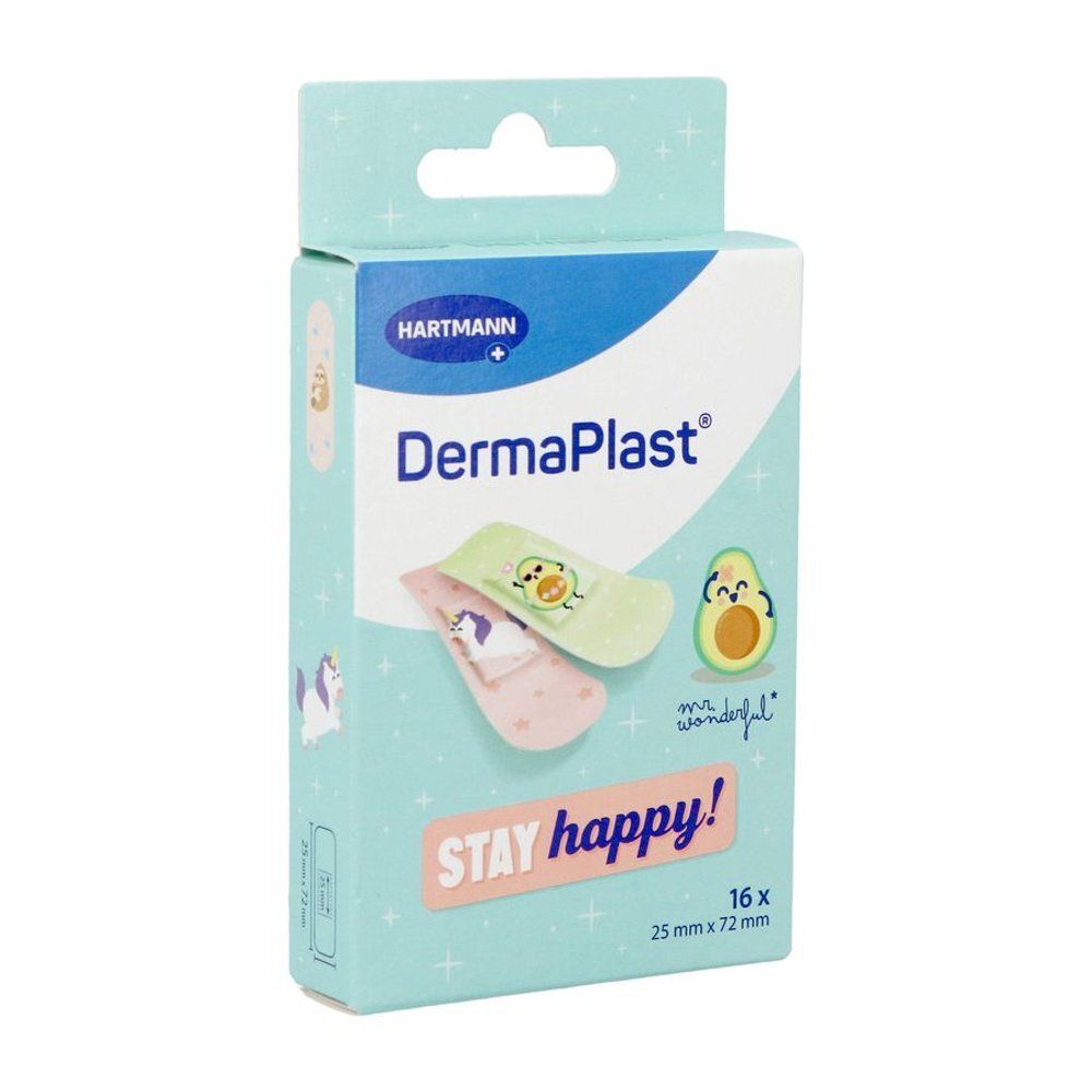 Hartmann Dermaplast® Stay Happy doos. Bevat 16 pleisters. Opdruk: Dermaplast®, Stay happy!, avocado- en eenhoorn illustraties, 25 mm x 72 mm.