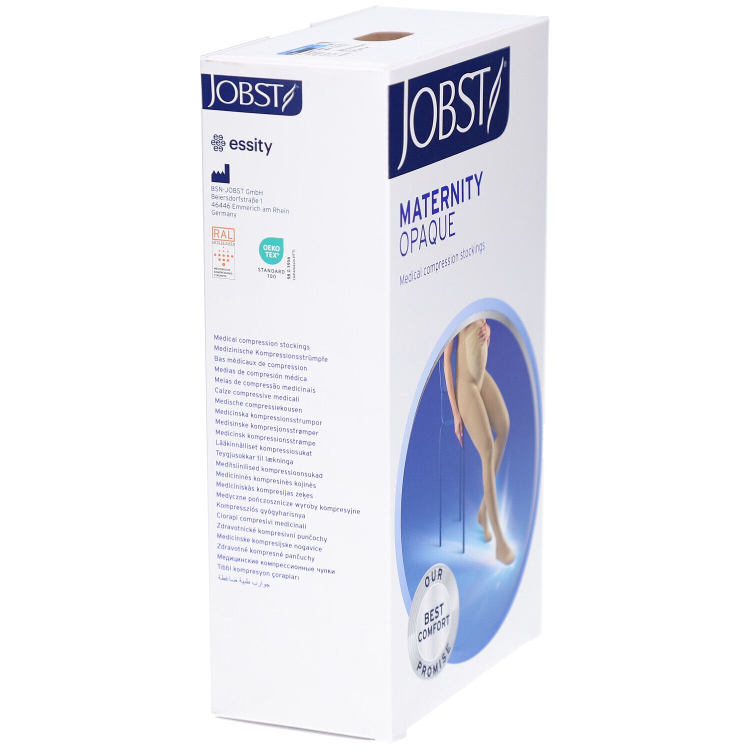 Bas de contention JOBST Maternity Opaque. Emballage, vue latérale. Inscription: MATERNITY OPAQUE. Logos et texte.