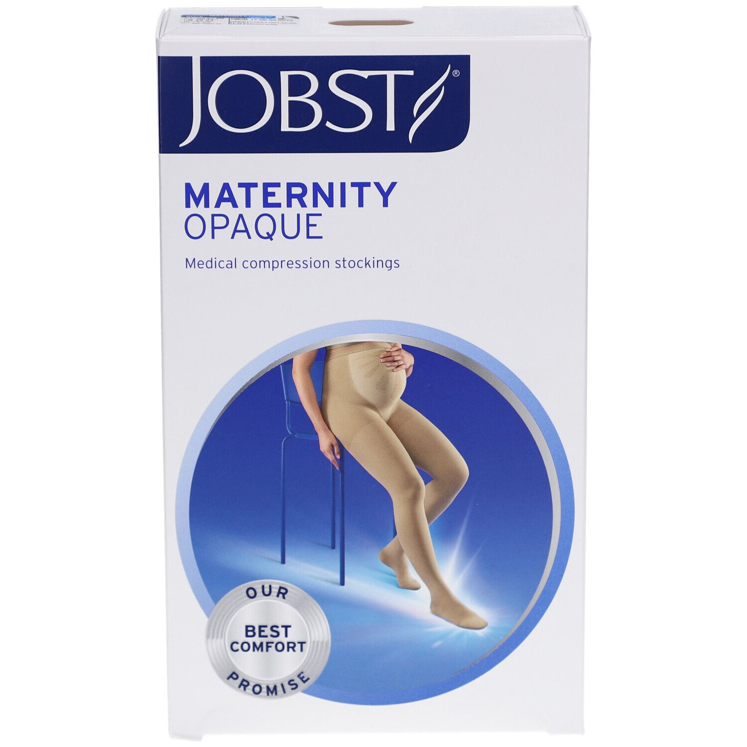 Bas de contention JOBST Maternity Opaque. Boîte avec illustration du produit. Inscription: MATERNITY OPAQUE, BEST COMFORT PROMISE.