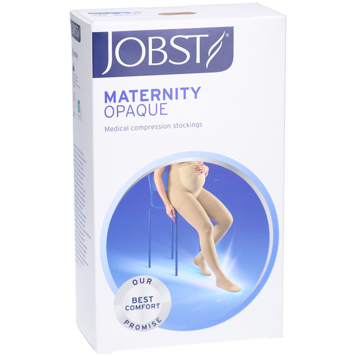 Bas de contention JOBST Maternity Opaque. Boîte avec illustration du produit. Inscription: MATERNITY OPAQUE, BEST COMFORT PROMISE.